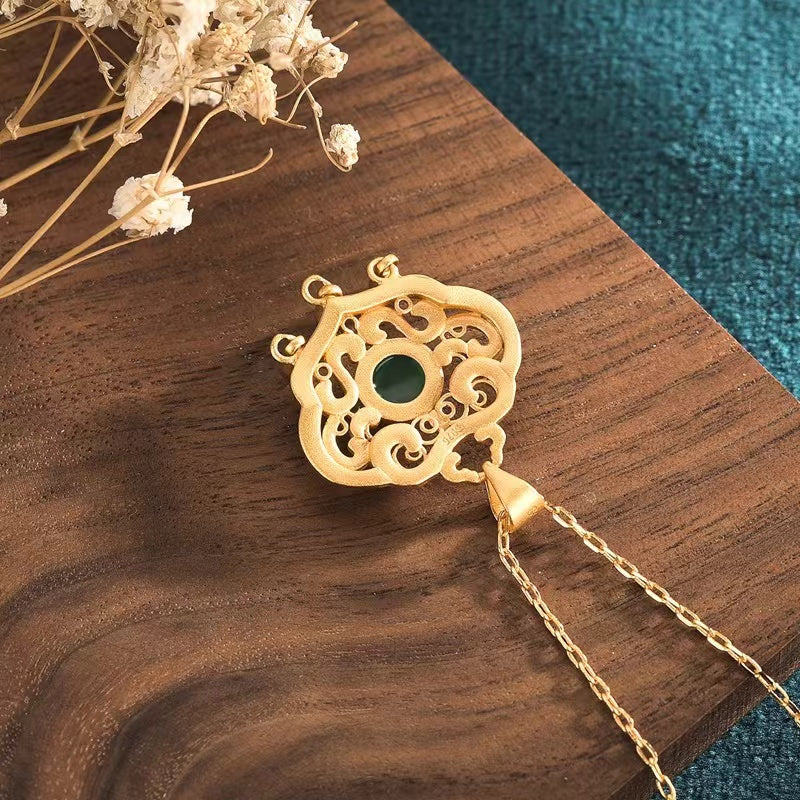 Green Jade Fortune Lock Gold Pendant Necklace