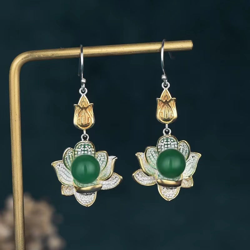 Auspicious Lotus Green Jade Lucky Silver Earrings