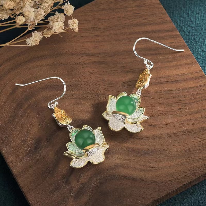 Auspicious Lotus Green Jade Lucky Silver Earrings