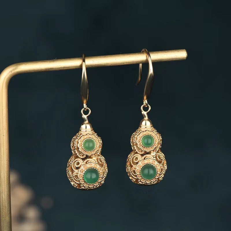 Green Jade Calabash Gold Wealth Earrings