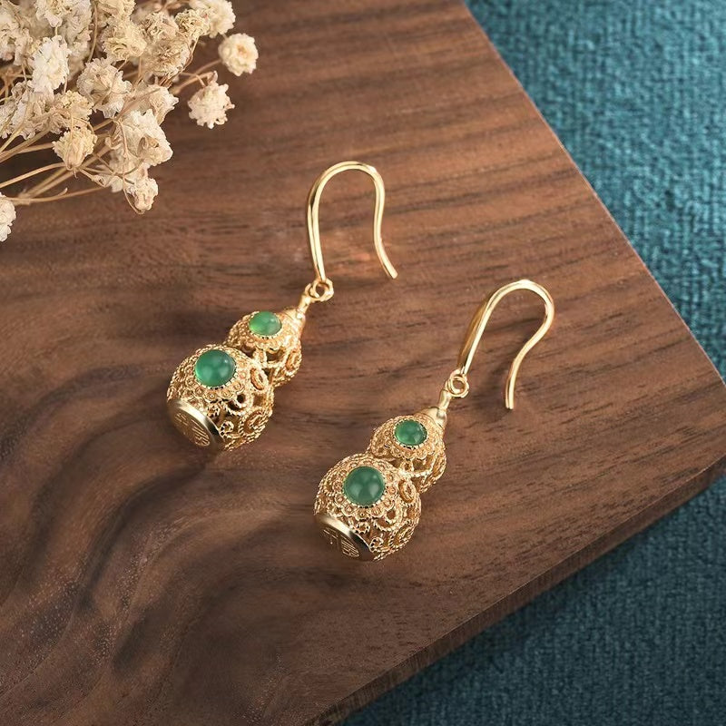 Green Jade Calabash Gold Wealth Earrings