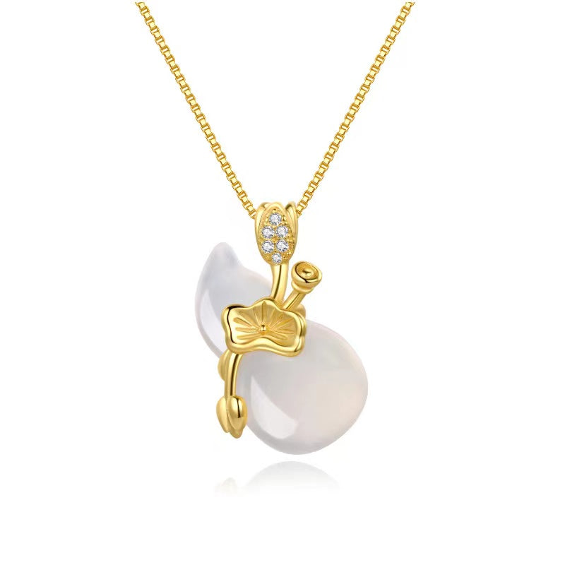 Hetian White Jade Hulou Lotus Leaf Pendant Necklace