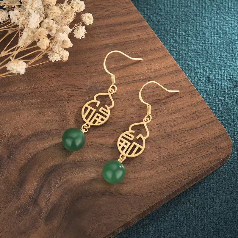 Full Blessing Green Jade Gold Wealth Earrings
