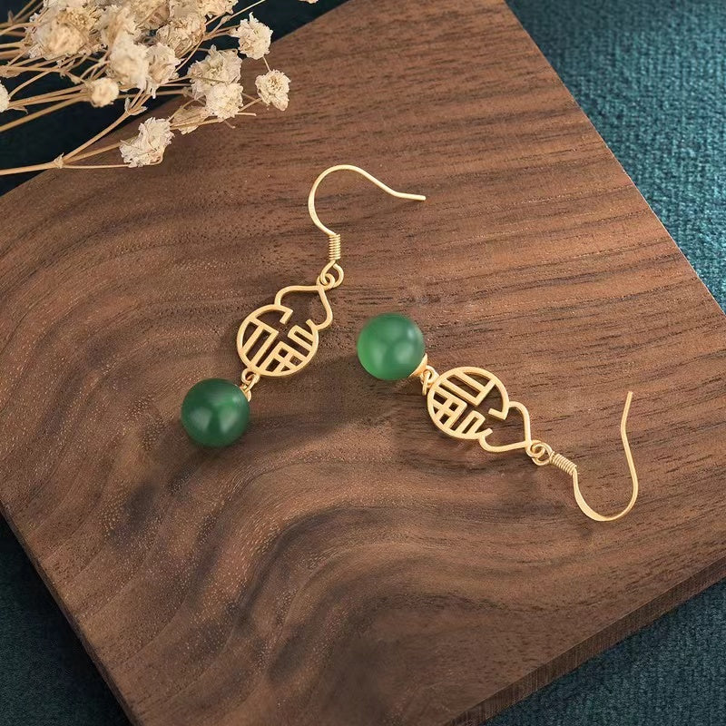 Full Blessing Green Jade Gold Wealth Earrings