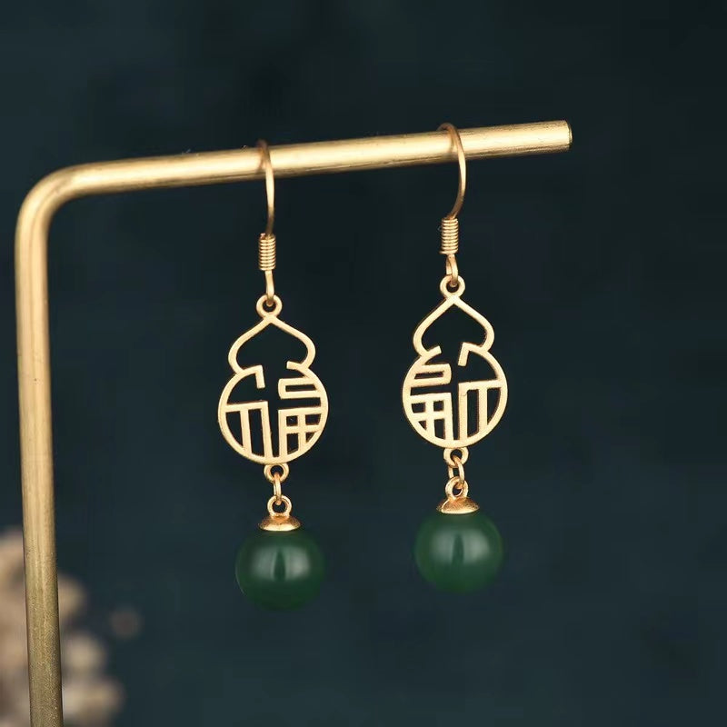 Full Blessing Green Jade Gold Wealth Earrings