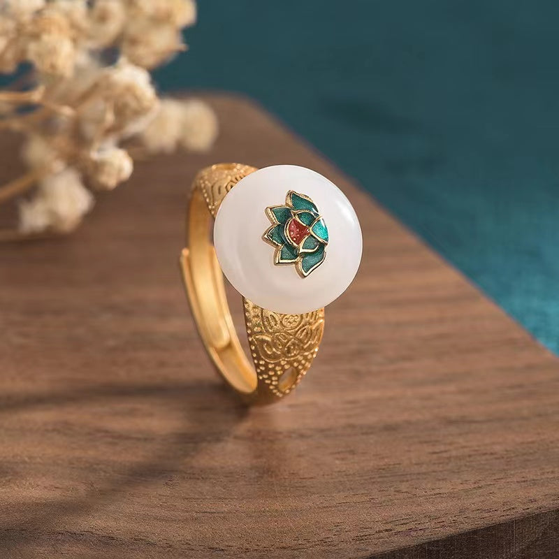 White Jade Lotus Enamel Ring