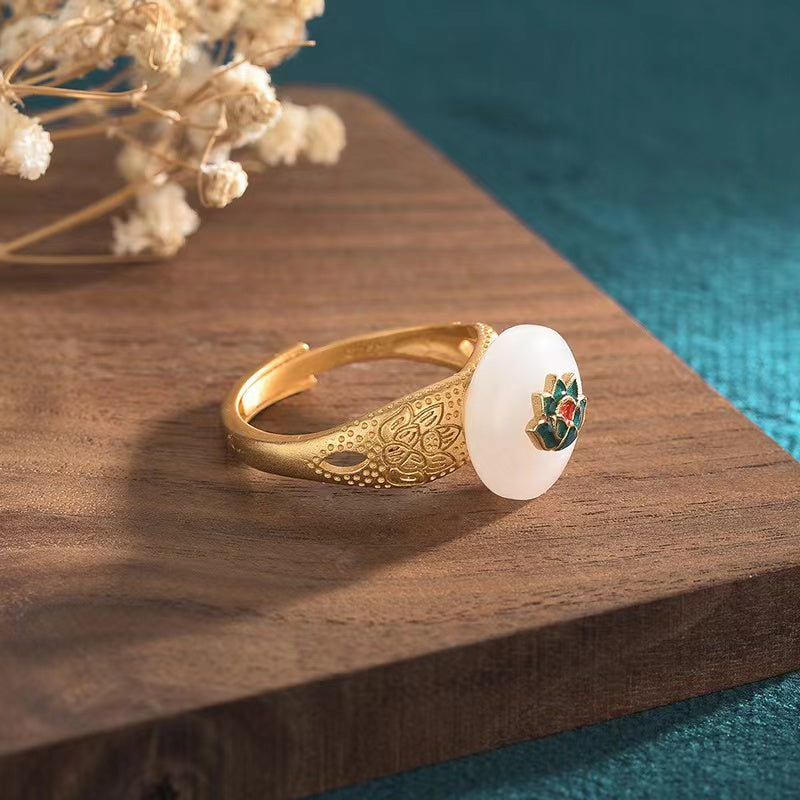 White Jade Lotus Enamel Ring