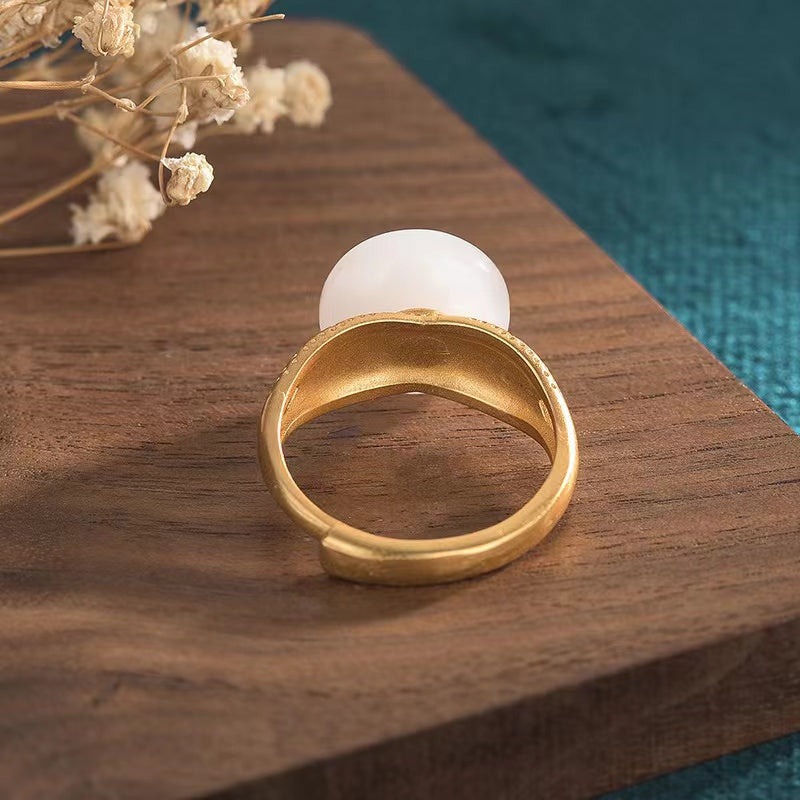 White Jade Lotus Enamel Ring