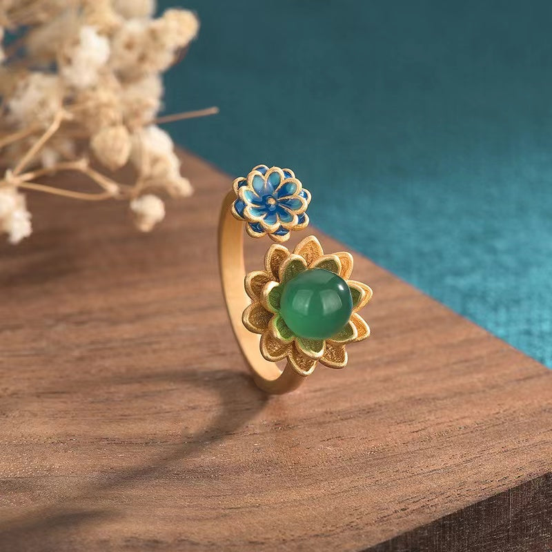Blue Enamel Green Jade Ring