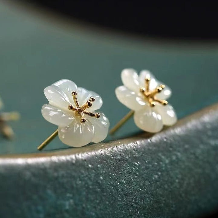 White Jade Plum Flower Stud Earrings