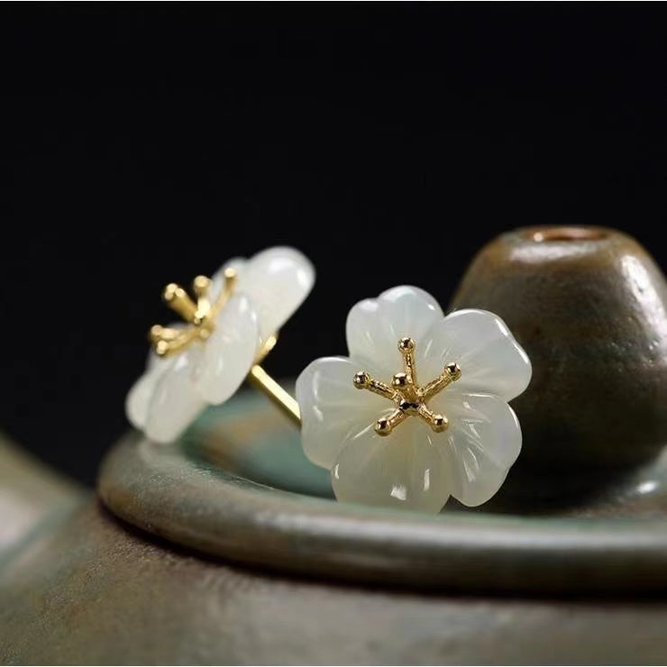 White Jade Plum Flower Stud Earrings
