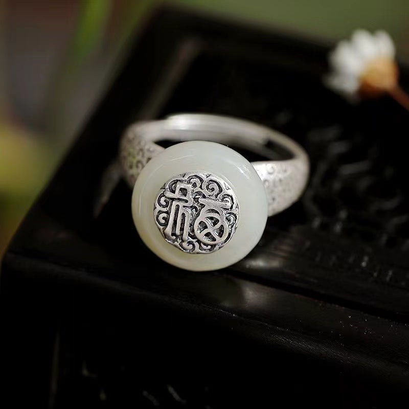 White Jade Fu 925 Silver Ring