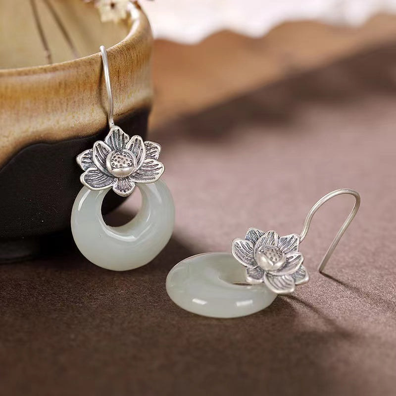 925 Silver Lotus Flower White Jade Earrings