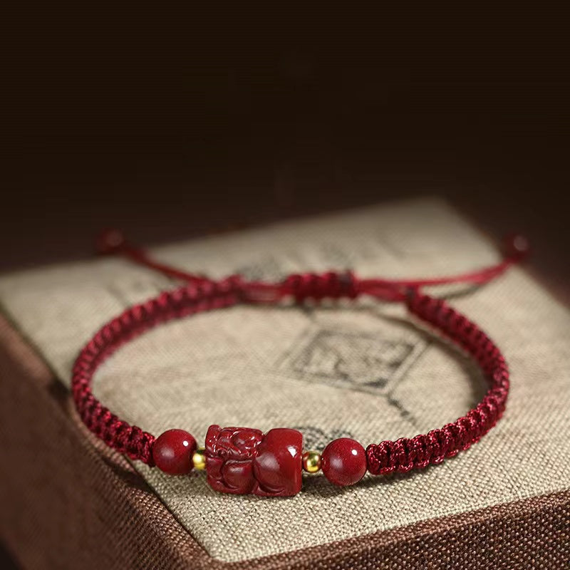 Cinnabar Bracelet-Fengshui Pixiu Golden Beads