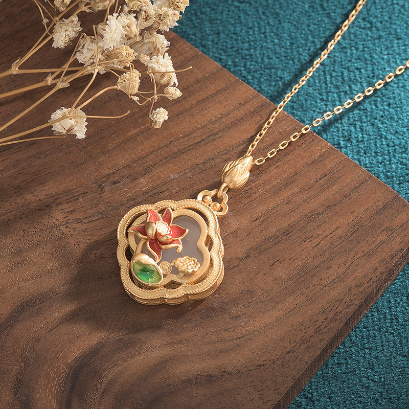 Feng Shui Lotus Pond White Jade Auspicious Necklace