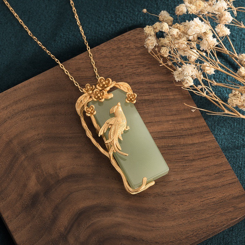 Feng Shui Magpie Flower Branch Green Jade Lucky Necklace