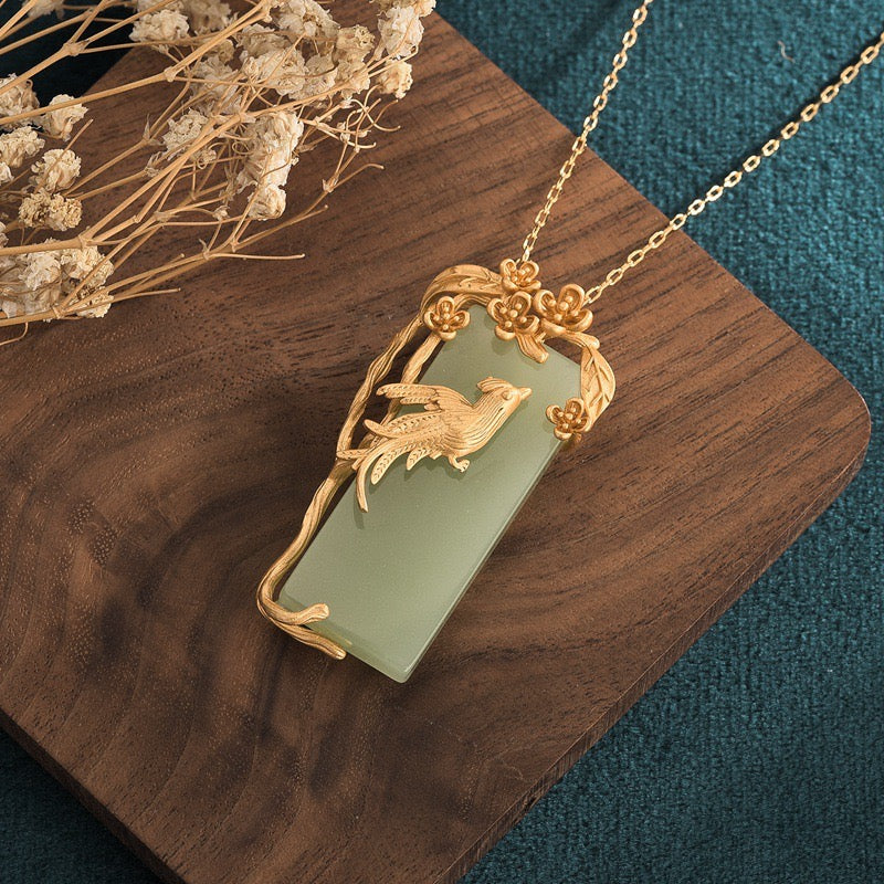 Feng Shui Magpie Flower Branch Green Jade Lucky Necklace