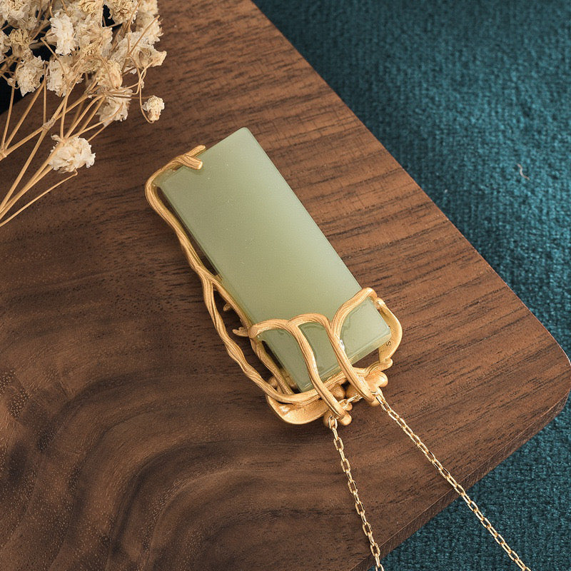 Feng Shui Magpie Flower Branch Green Jade Lucky Necklace