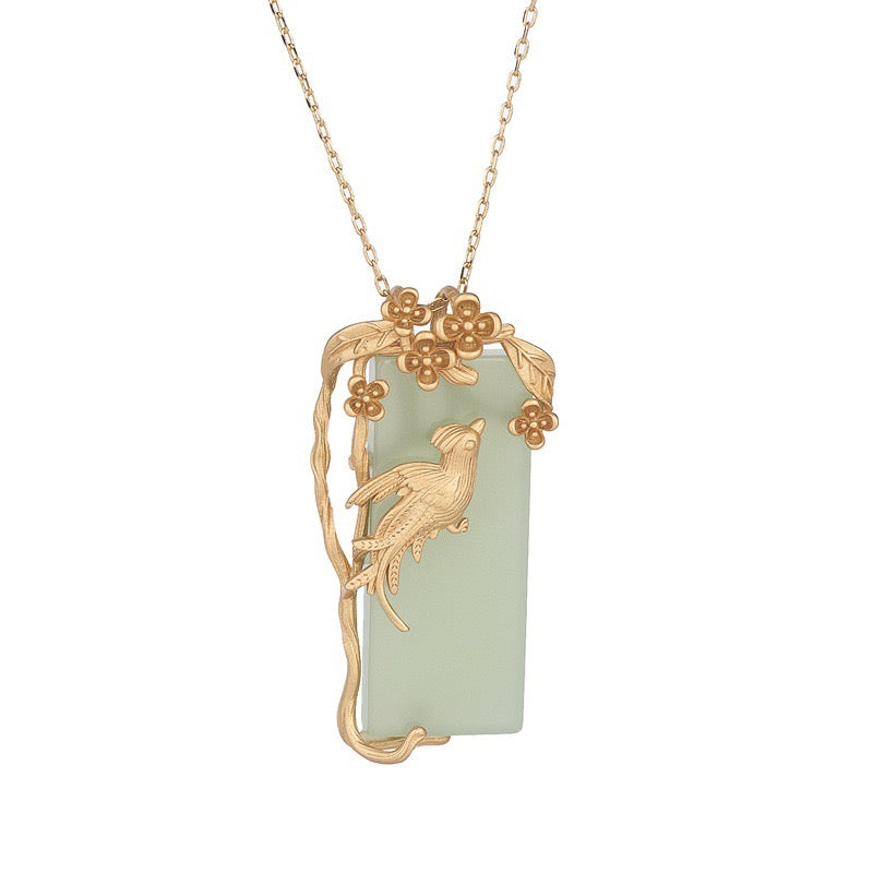 Feng Shui Magpie Flower Branch Green Jade Lucky Necklace