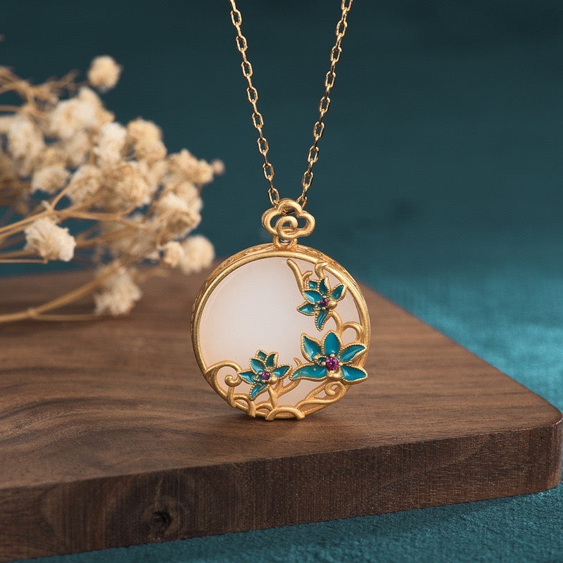 Feng Shui Blue Lotus White Jade Lucky Necklace