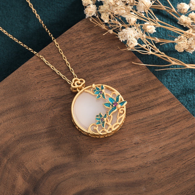 Feng Shui Blue Lotus White Jade Lucky Necklace