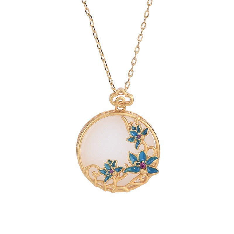 Feng Shui Blue Lotus White Jade Lucky Necklace