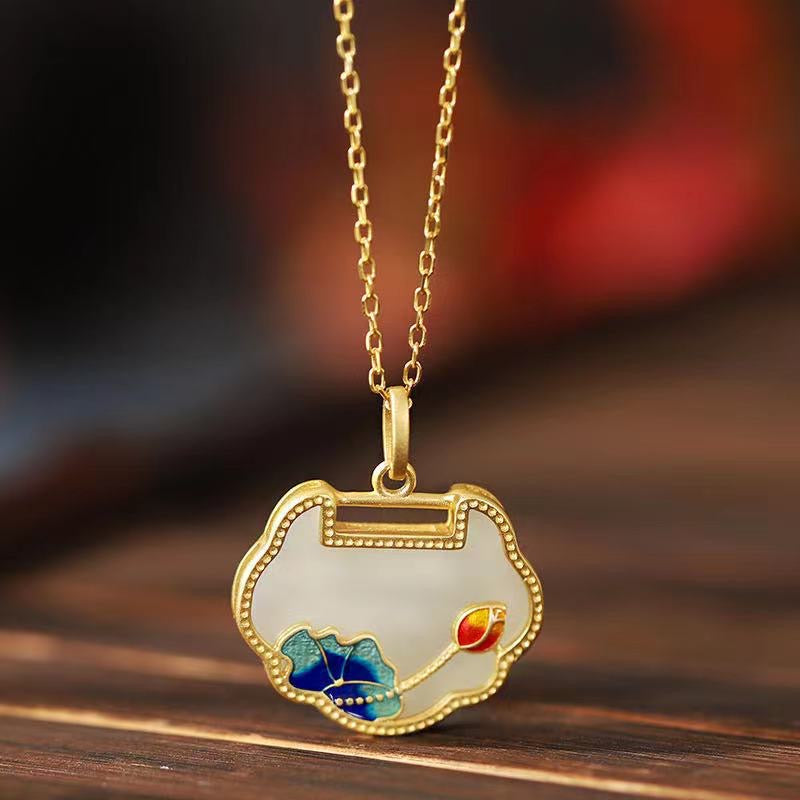 Feng Shui Lotus Pond Koi White Jade Necklace