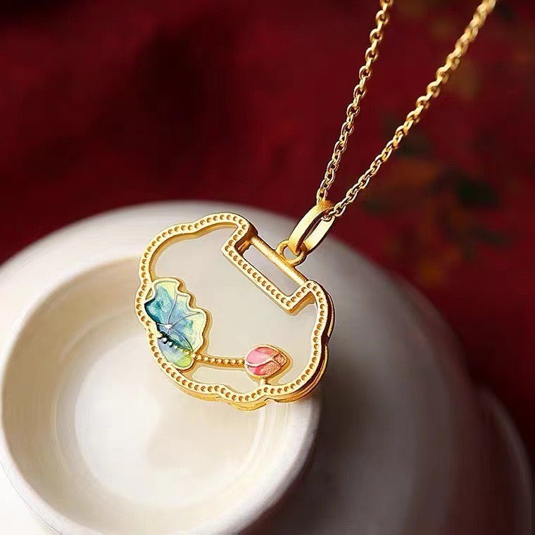 Feng Shui Lotus Pond Koi White Jade Necklace