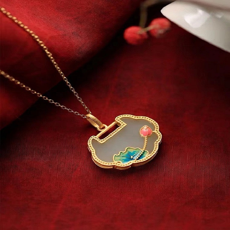Feng Shui Lotus Pond Koi White Jade Necklace