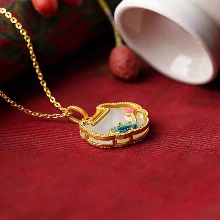 Feng Shui Lotus Pond Koi White Jade Necklace