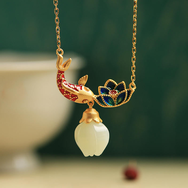 Feng Shui Koi White Jade Lucky Necklace