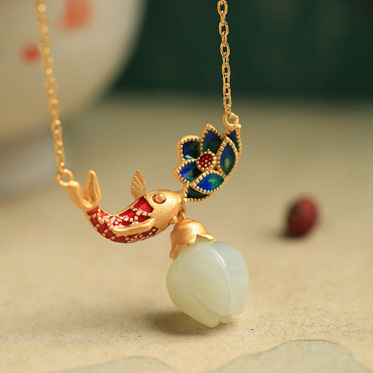 Feng Shui Koi White Jade Lucky Necklace