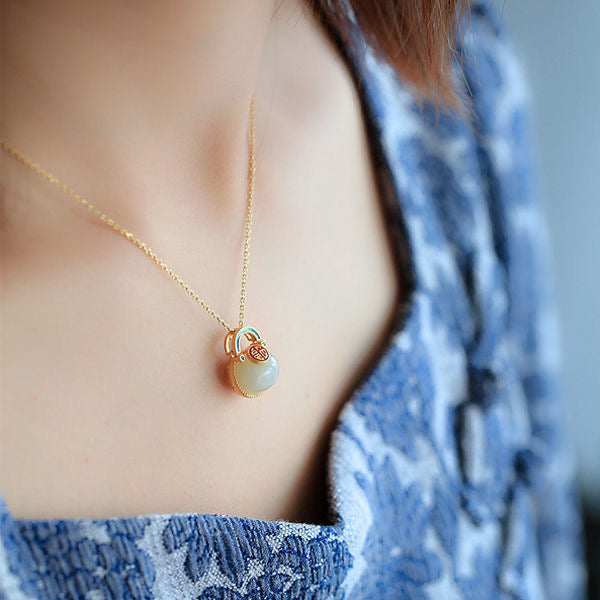 Feng Shui Lucky Bag White Jade Necklace