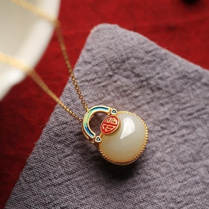 Feng Shui Lucky Bag White Jade Necklace