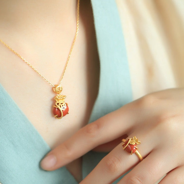 Feng Shui Red Agate Money Bag Wealth Necklace