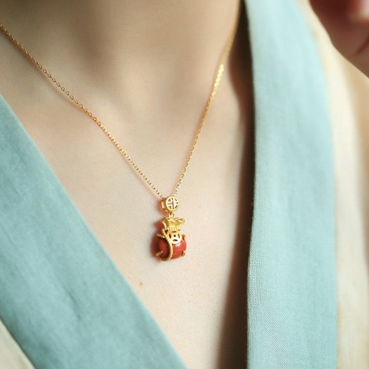 Feng Shui Red Agate Money Bag Wealth Necklace