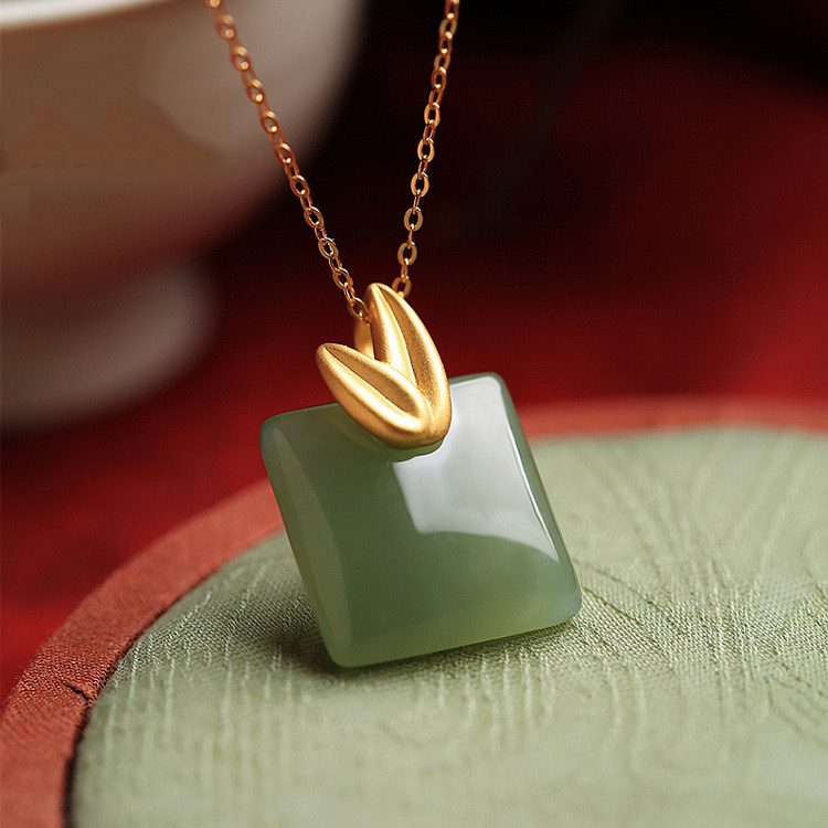 Feng Shui Bamboo Leaves Green Jade Peace Pendant