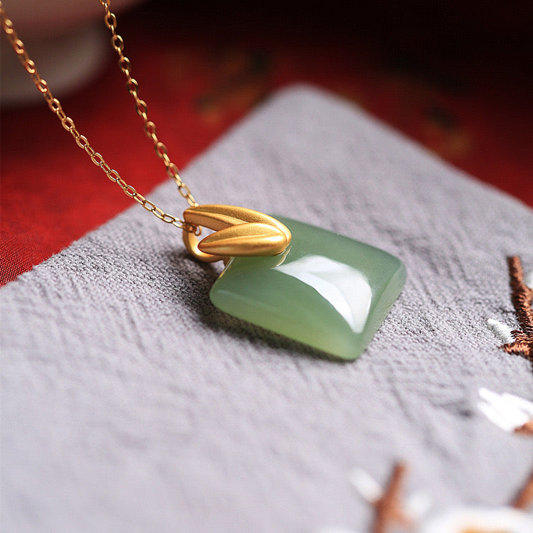Feng Shui Bamboo Leaves Green Jade Peace Pendant