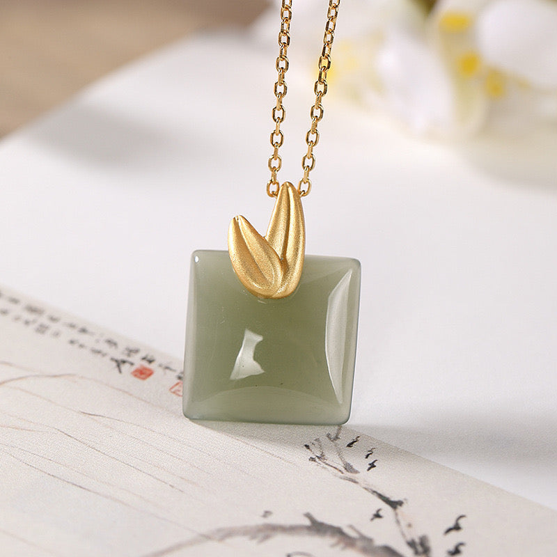 Feng Shui Bamboo Leaves Green Jade Peace Pendant