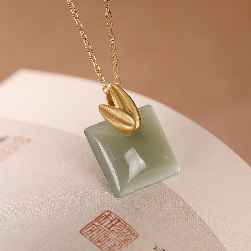 Feng Shui Bamboo Leaves Green Jade Peace Pendant