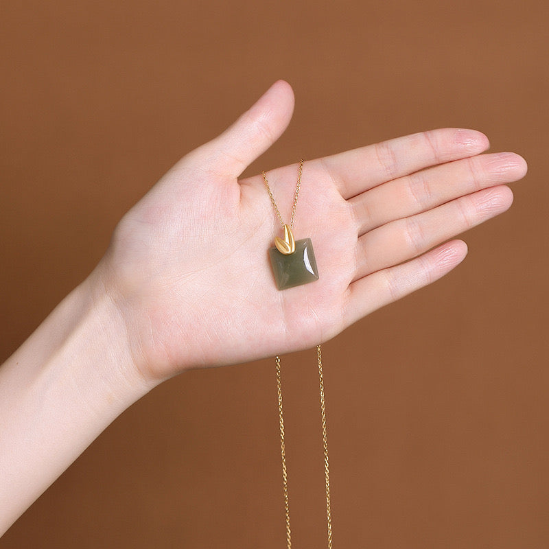 Feng Shui Bamboo Leaves Green Jade Peace Pendant