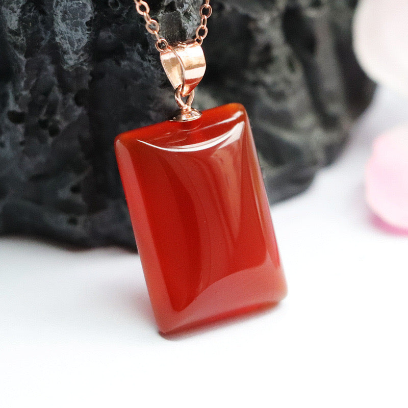 Natural Red Agate Square-Shaped Lucky Pendant