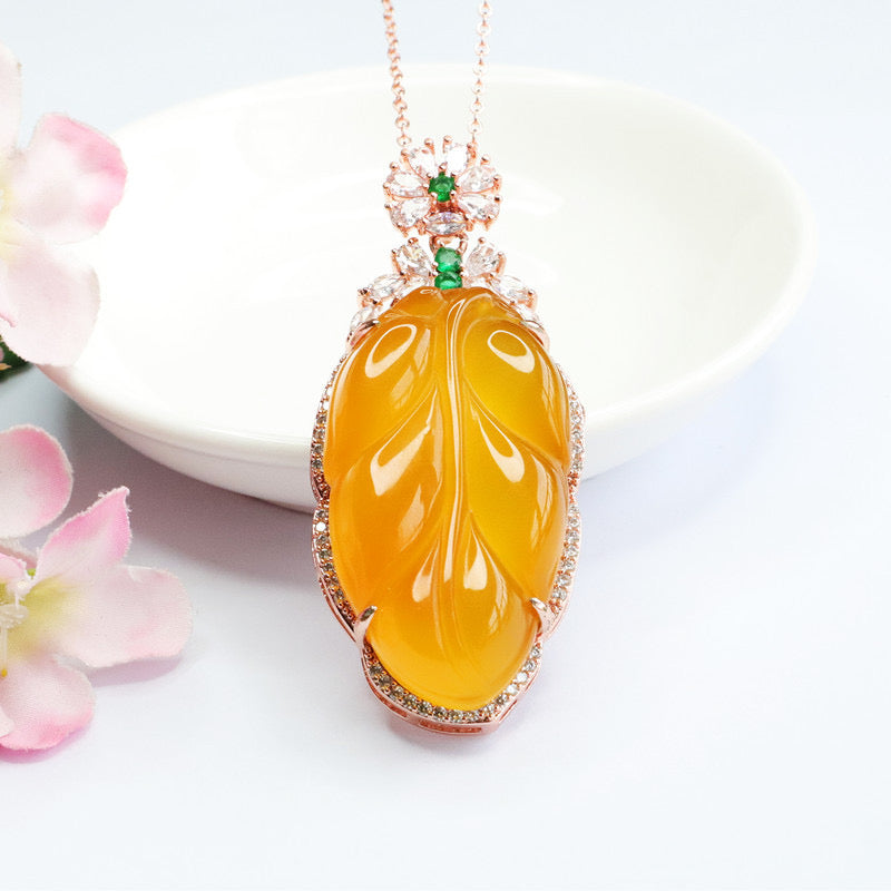 Natural Yellow Jade Feng Shui Healing Leaf Wealth Pendant Necklace