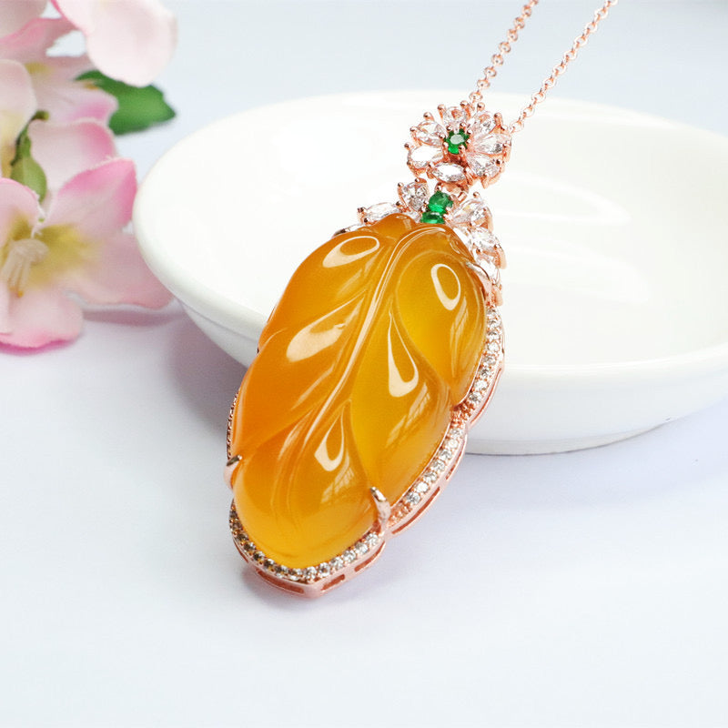 Natural Yellow Jade Feng Shui Healing Leaf Wealth Pendant Necklace