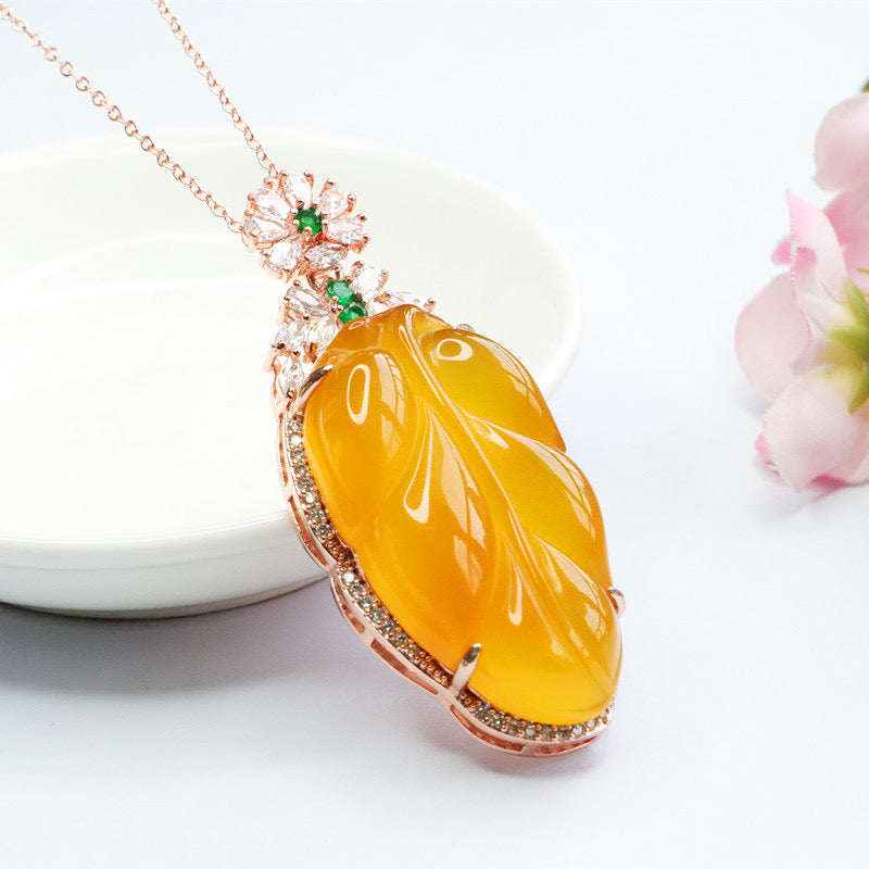 Natural Yellow Jade Feng Shui Healing Leaf Wealth Pendant Necklace