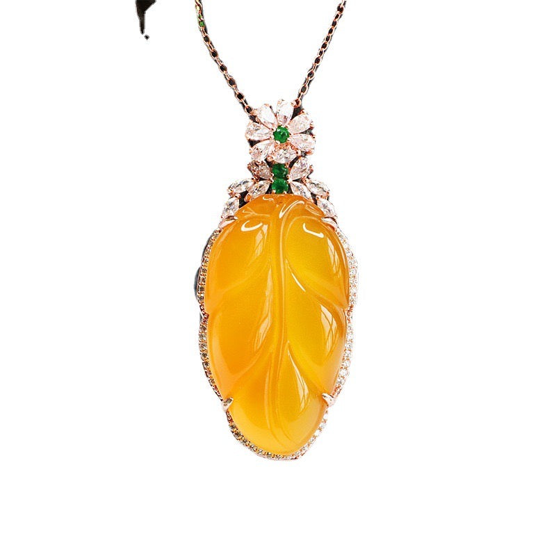 Natural Yellow Jade Feng Shui Healing Leaf Wealth Pendant Necklace