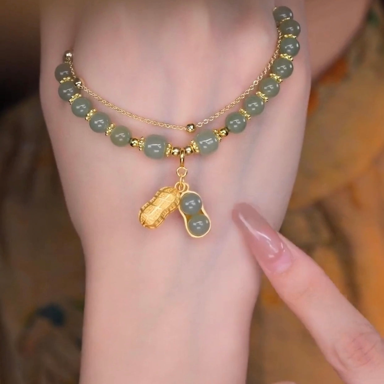 Natural Hetian Green Jade Feng Shui Lucky Peanut Bracelet