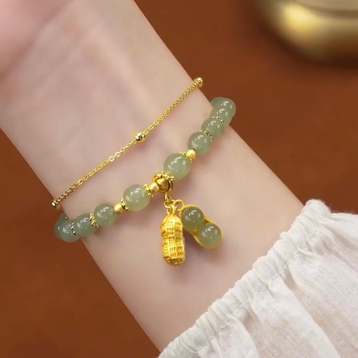 Natural Hetian Green Jade Feng Shui Lucky Peanut Bracelet