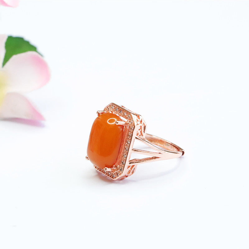 Natural Amber Enamel Pigeon Egg Squared Auspicious Ring