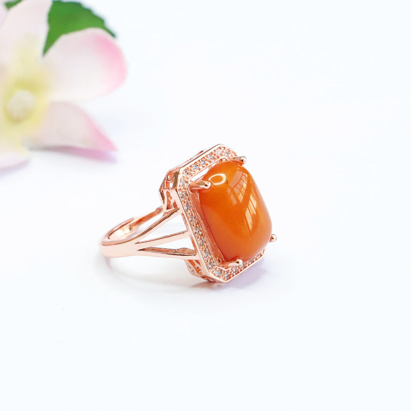 Natural Amber Enamel Pigeon Egg Squared Auspicious Ring